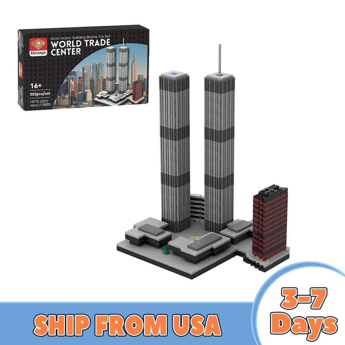 Mocsage 1/2000 Scale World Trade Center (1973 - 2001) Micro Parts Building Blocks Set (US Warehouse) - LesDiy -