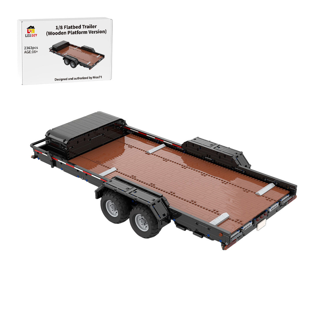 MOC-141762 1:8 Scale Flatbed Car Trailer with Wooden Platform Building Blocks