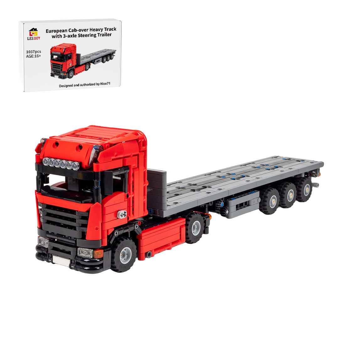 MOC-252296 European Cab-Over Heavy Truck & Self-Steering 3-Axle Trailer Building Blocks