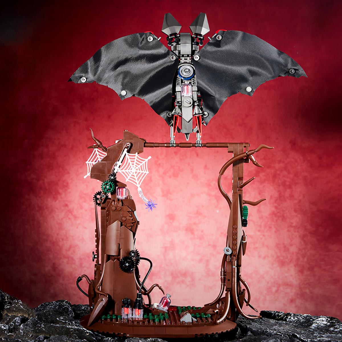 Gothic Metal Mechanical Bat with Display Stand and Spiderweb Decor Building Blocks
